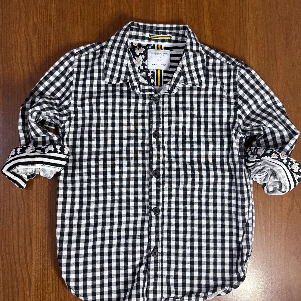 Denim & Flower - Ricky Singh Checkered Boys Button Up Shirt Size 4 Black/White